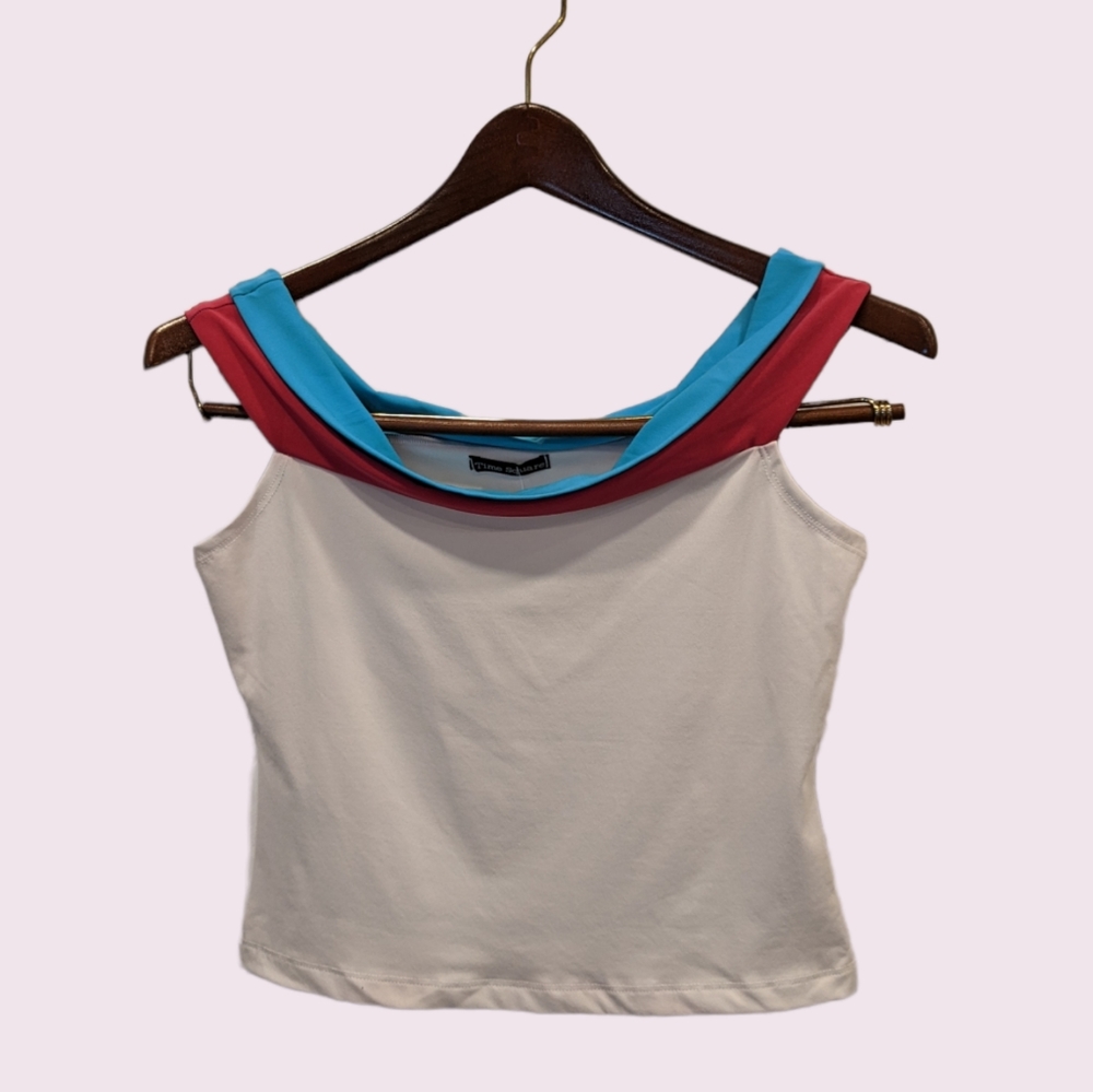 3/$15 Y2K Off the shoulder Body-hugging semi sheer crop top size S Blue Pink - Picture 1 of 7